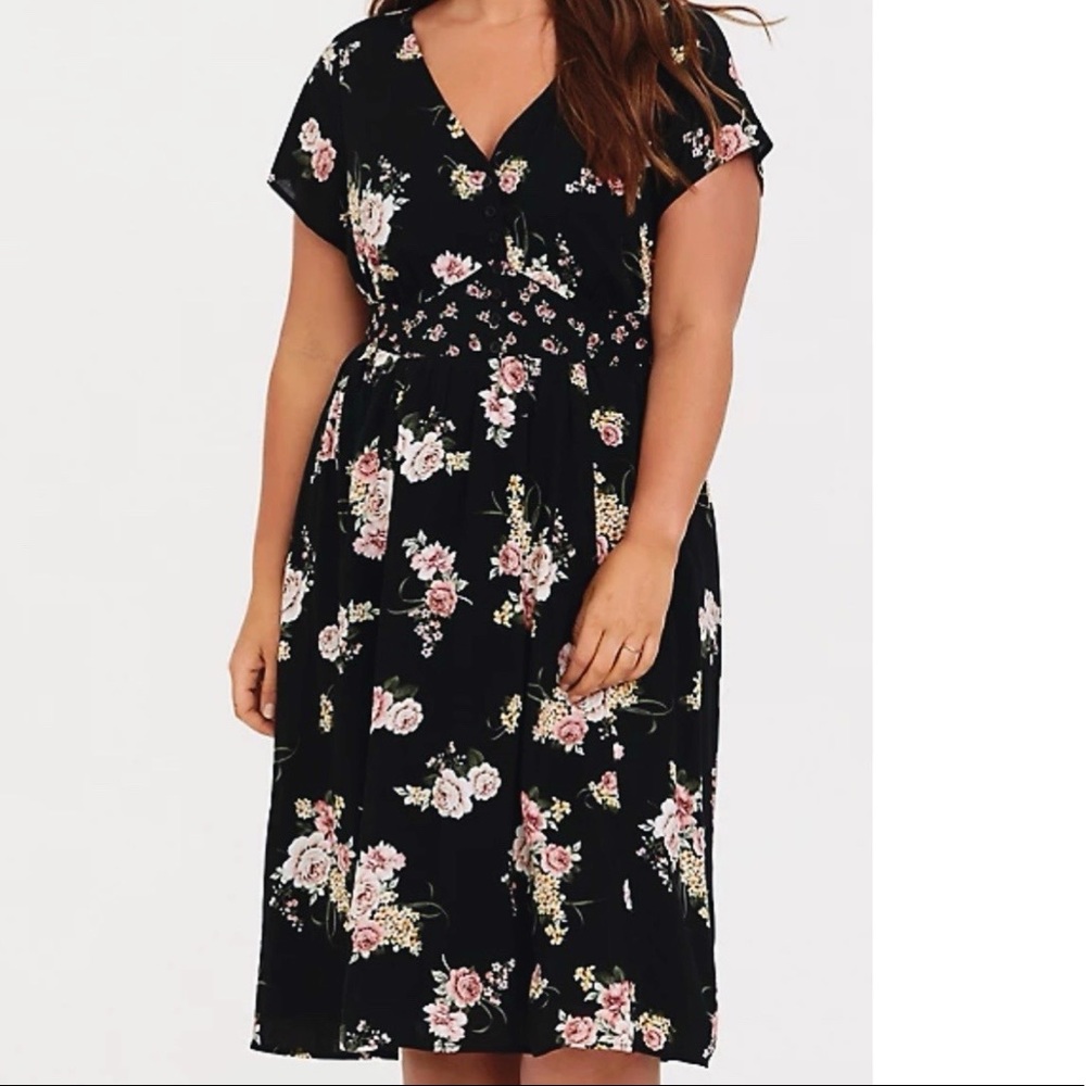 BLACK FLORAL MIXED PRINT BUTTON-DOWN MIDI DRESS